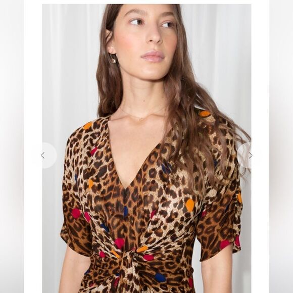 & Other Stories Leopard Print Wrap Dress V Neck Mini Dress Cinch Waist 8 - Picture 9 of 11